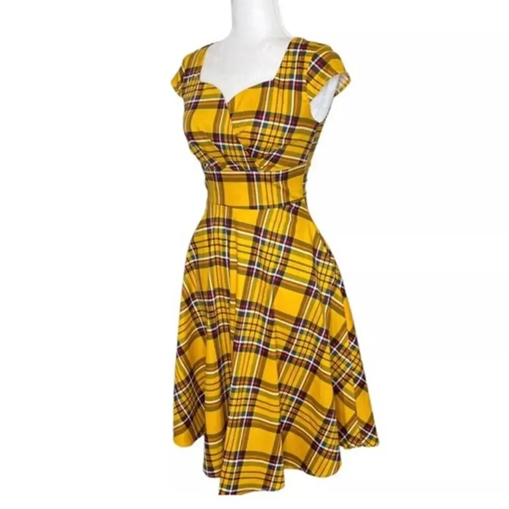 Hanpceirs Cap Sleeve 1950s Retro Vintage Style swing Gold Plaid Dress size XS